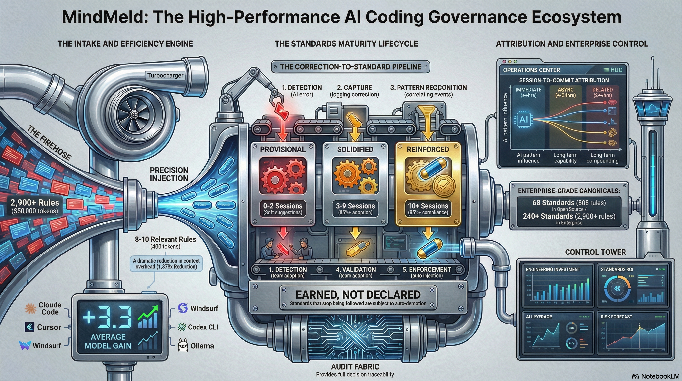 MindMeld High-Performance AI Coding Governance Ecosystem - turbocharger efficiency, standards maturity engine, enterprise Control Tower, session-to-commit attribution
